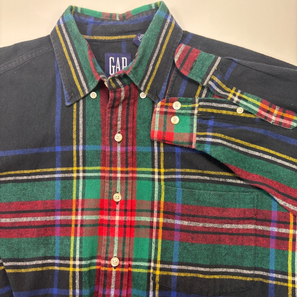Vintage Gap Mens Large Plaid Flannel Shirt Green Red Blue Cotton Button Down